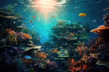 Fototapeta na wymiar Tropical sea underwater fishes on coral reef. Aquarium oceanarium wildlife colorful marine panorama landscape nature snorkel diving. AI Generative.