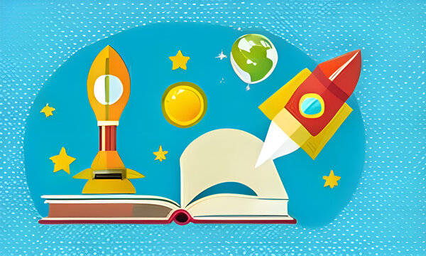 Education Tutorial Blue Minimalist Style Poster Banner Background,book with Rocet