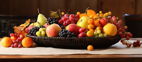 Rustic fall fruit arrangement in wire basket on wooden table with decorations.
