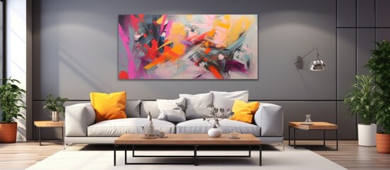 Large grey apartment with vibrant wall decor and couch