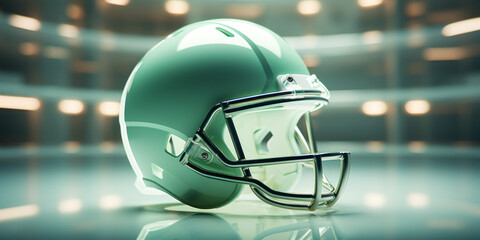 American football concept. Green helmet in a futuristic stadium.