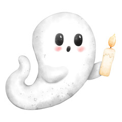Cute Ghost Cartoon with Candle Halloween Watercolor Illustration Clipart