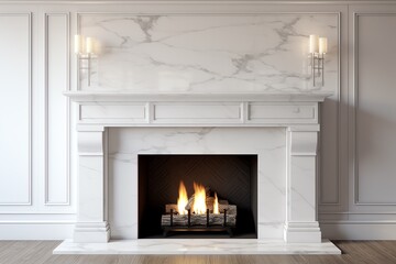 a fireplace with a white mantle and candles - obrazy, fototapety, plakaty
