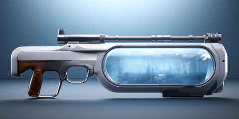 Gaming header concept. Gaming header interface with futuristic wooden rifle and screen.