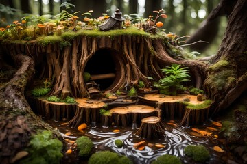A hollow tree stump filled with rainwater, creating a miniature ecosystem.