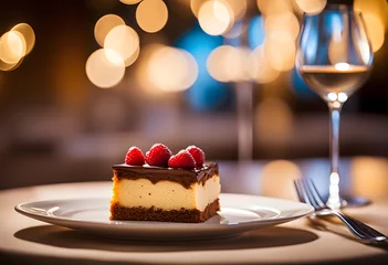 Afwasbaar fotobehang A slice of delicious cheesecake with raspberries filled with Chocolate topped on a plate and a vintage spoon and wine glass © ShashiK