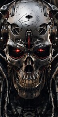 a skull with red eyes and a mechanical device - obrazy, fototapety, plakaty