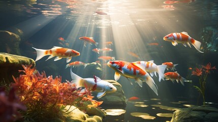 a snapshot of tranquility beneath a cool, freshwater river where the sunlight filters through the surface, illuminating a group of graceful koi fish. - Powered by Adobe