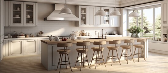 Modern kitchen interior in luxury home. Cream design and wooden floor. Luxury style kitchen set