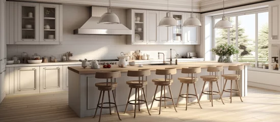 Deurstickers Modern kitchen interior in luxury home. Cream design and wooden floor. Luxury style kitchen set © MBRAMO