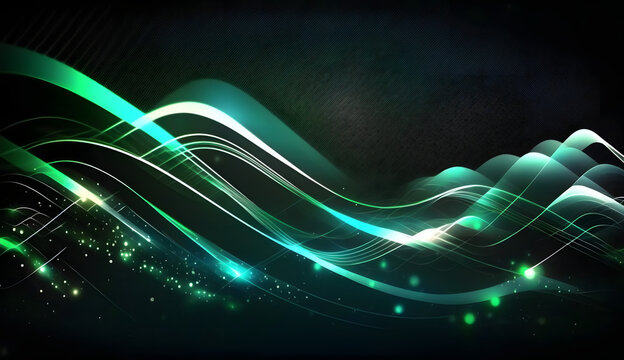 abstract futuristic background with green blue glowing neon moving high speed wave lines and bokeh lights. Data transfer concept Fantastic wallpaper. Generative Ai. - Powered by Adobe
