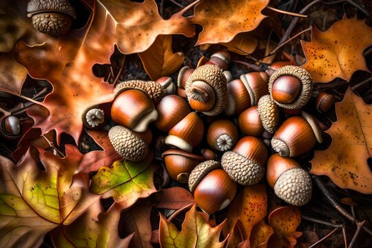 A cluster of acorns nestled among fallen leaves, waiting to be discovered by forest creatures.
