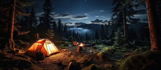 Night camp in a spruce forest in the background, sky with shooting stars and milky way