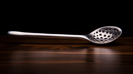 A steel pasta spoon with precision-drilled holes, ready for serving up the perfect pasta dish under the studio's crisp lighting.