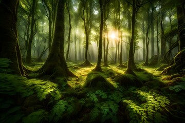 Sunlight filtering through a dense canopy, illuminating a verdant forest floor covered in dew-kissed grass