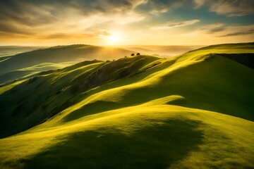 A picturesque hilltop covered in golden-hour sunlight, with a blanket of green grass stretching out beneath a clear, blue sky