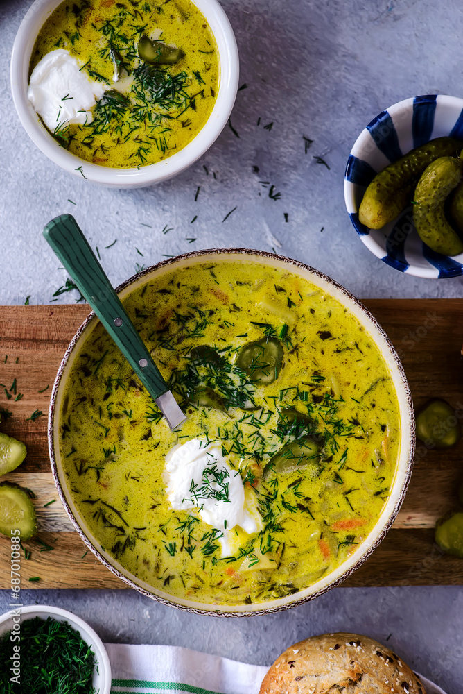 Sticker Polish pickled cucumber soup,traditional  soup with pickles