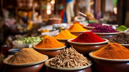 A stunning array of spices in a bustling, vibrant market, each vibrant hue capturing the essence of local culture and cuisine.