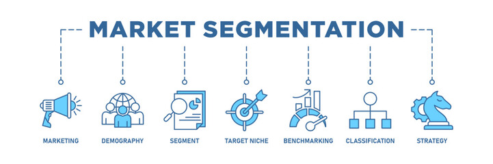Market segmentation banner web icon set vector illustration concept with icon set of marketing, demography, segment, target niche, benchmarking, classification, strategy - obrazy, fototapety, plakaty