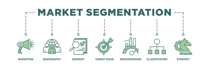Market segmentation banner web icon set vector illustration concept with icon set of marketing, demography, segment, target niche, benchmarking, classification, strategy