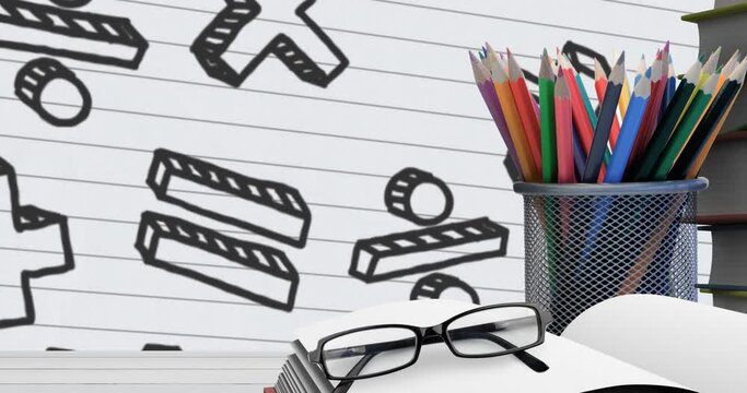 Animation of glasses, book, pencil stand over mathematical symbols on white lined paper background