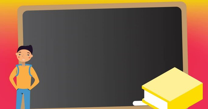 Animation of book, school boy and blank chalkboard icon with copy space against gradient background