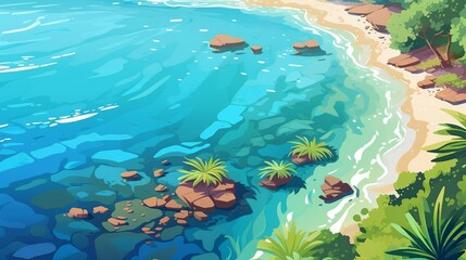 Fototapeta na wymiar Tropical beach with palm trees and rocks illustration AI Generated