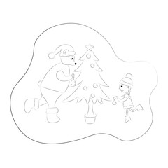 Sketch of a bear and a girl who are decorating a Christmas tree, isolate on white, in motion, blank for a postcard, Christmas
