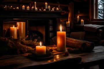 A single candle on a table in a pleasant cabin, surrounded by a stack of logs and warm blankets.