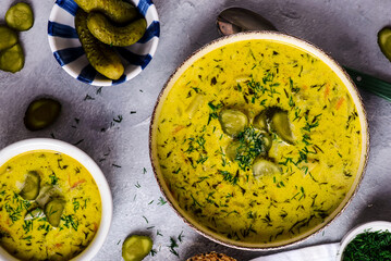 Polish pickled cucumber soup,traditional  soup with pickles