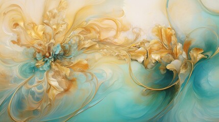 a surreal and dreamlike abstract background with ethereal swirls of gold and turquoise, offering a glimpse into a world of boundless imagination.