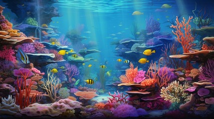 A surreal and dreamlike underwater world, with colorful corals, exotic fish, and vivid marine life, an enchanting vision beneath the sea.