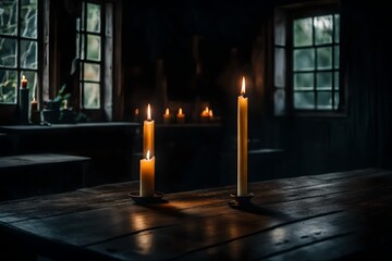 A moody and atmospheric shot of a candle flickering on a table in an old, abandoned house.