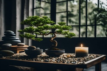 A Zen-inspired table arrangement with a single candle, stones, and a bonsai tree.
