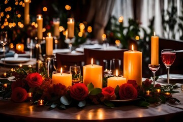 A candle-lit dinner table set for two with delicate floral arrangements and soft lighting.