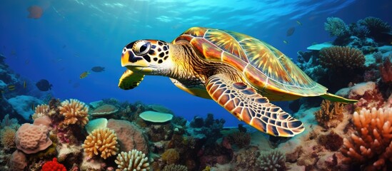 Fototapeta na wymiar Indonesian Hawksbill Turtle on Coral Reef.