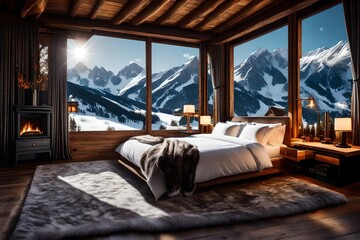 A bedroom in an alpine lodge with a burning fireplace, fur blankets, and breathtaking mountain views. Cozy comfort in the midst of a winter wonderland.