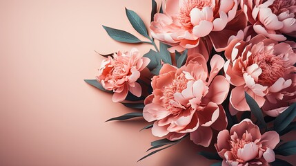 Banner with peonies flowers on a light pink background. Greeting card template for wedding, mother's day or women's day. Spring composition with copy space. Flat style