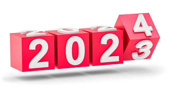 New year holiday concept. Cubes with number 2024 replace 2023. Isolated on white background. 3d rendering