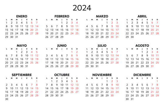 2024 spanish calendar. Printable vector illustration for Spain. 12 months year calendario