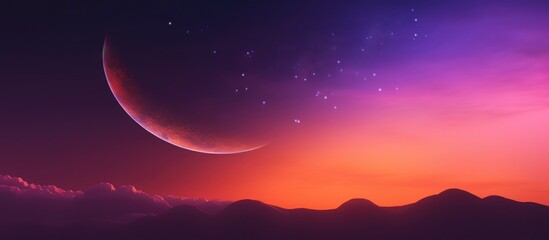 Fototapeta na wymiar Full purple and orange sky at night with a large crescent moon