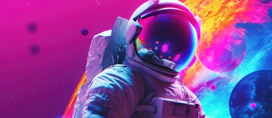 Moon background astronaut, and neon light planets, pink, purple, orange, blue