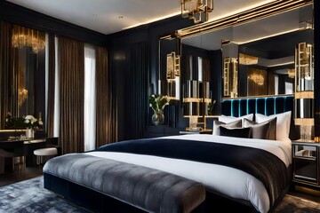 A luxurious velvet headboard, mirrored furnishings, and art-deco accessories distinguish this boutique hotel-style bedroom. The space exudes refinement.
