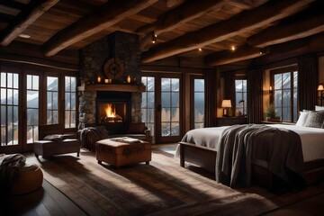  A cozy cabin-inspired bedroom with a stone fireplace,  wooden beams, and plaid blankets. It's the epitome of rustic luxury.