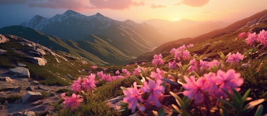 Pink rhododendron flowers on mountain slopes as the sun rises from the mountain, colored sky light, orange, purple, orange - obrazy, fototapety, plakaty