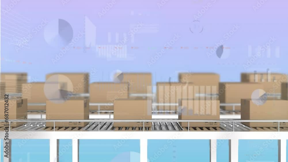 Aufkleber animation of statistical data processing over boxes on conveyer belt against gradient background