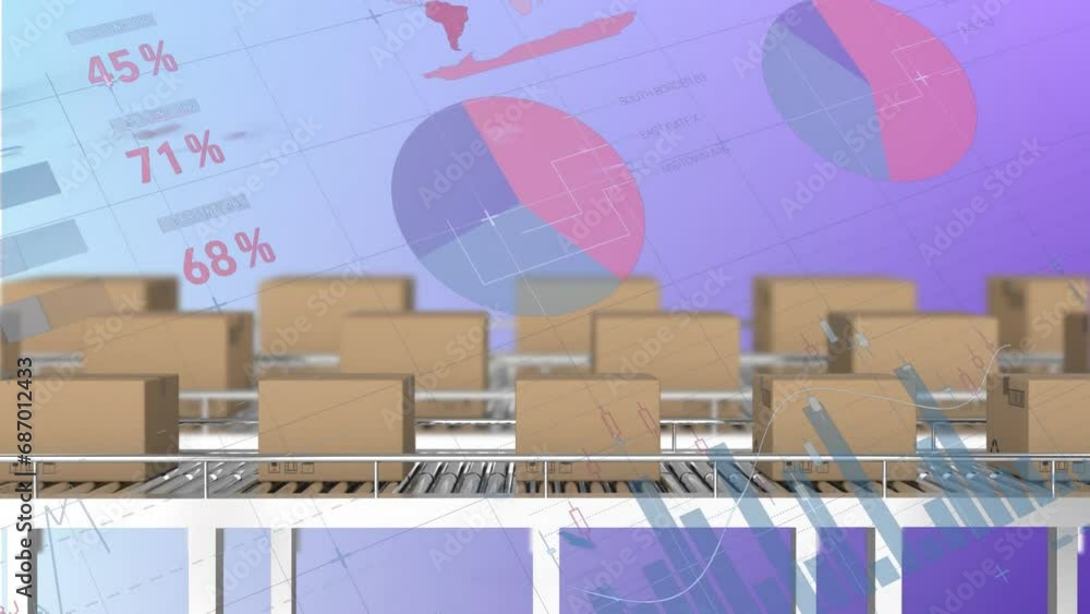 Aufkleber animation of statistical data processing over boxes on conveyer belt against gradient background