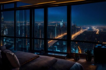 A stunning view from the window of a penthouse bedroom overlooking a sparkling city skyline at night. The room exudes opulence with plush furnishings.