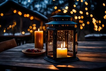 On a rustic outdoor table, a candle burns within a glass lantern, with a starry sky overhead.