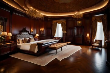  An expansive bedroom with a grand fireplace, ornate ceiling, and rich mahogany furniture. The warm, inviting atmosphere is perfect for relaxation.